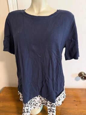 LOFT Navy Short Sleeve Top with Printed Layered Hem Ruffle
